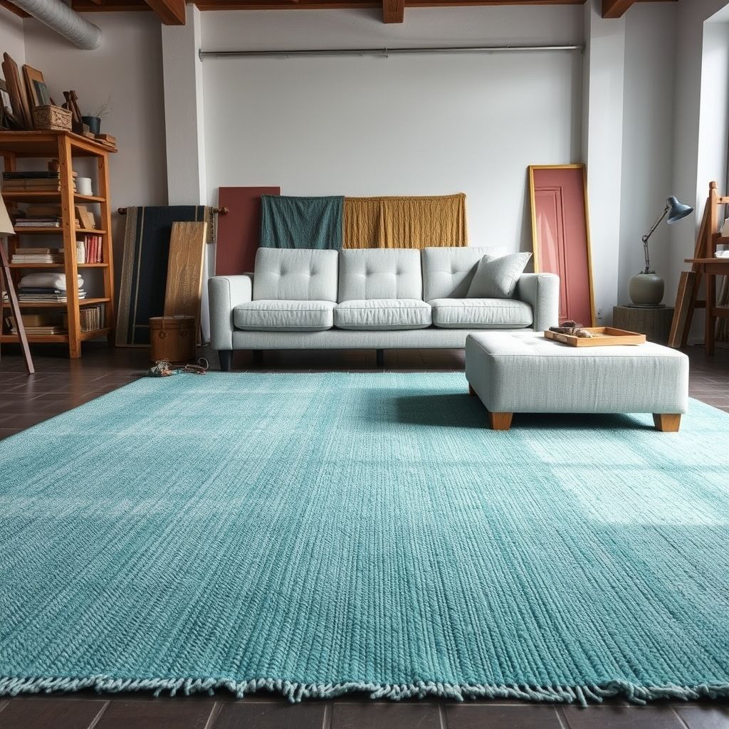 Gros plan sur un tapis turquoise texturé en cours de fabrication artisanale, avec un artisan utilisant un outil en métal brillant pour peaufiner les fibres. Un canapé gris clair est visible en arrière-plan, apportant une ambiance chaleureuse à l’atelier. L’atmosphère évoque un travail minutieux et passionné dans un cadre moderne et convivial.