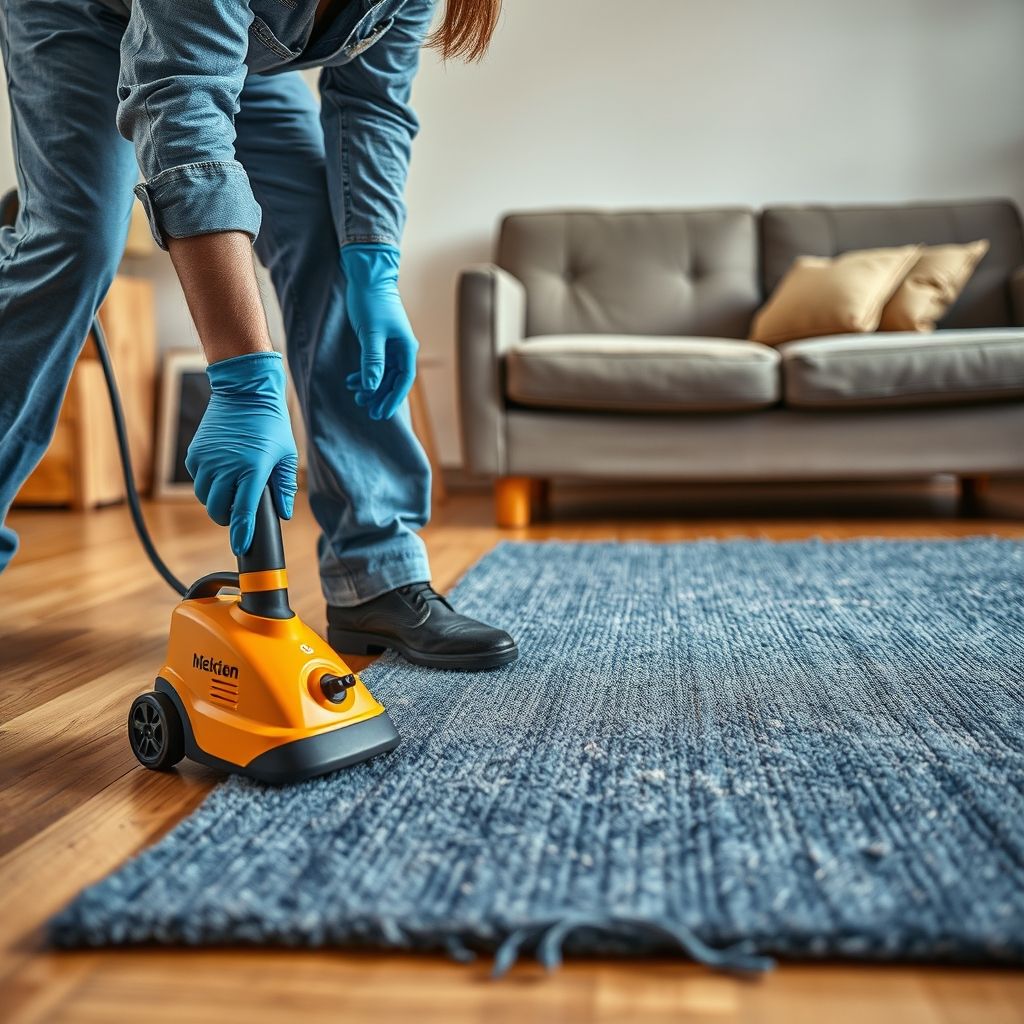 Une personne en tenue de travail bleu et gants soigne un tapis texturé sur un sol en bois, appliquant une finition pour protéger les fibres. Un aspirateur jaune est à proximité, symbolisant l’entretien méticuleux des produits. L’éclairage doux et la présence d’un canapé en arrière-plan créent une atmosphère accueillante et professionnelle.
