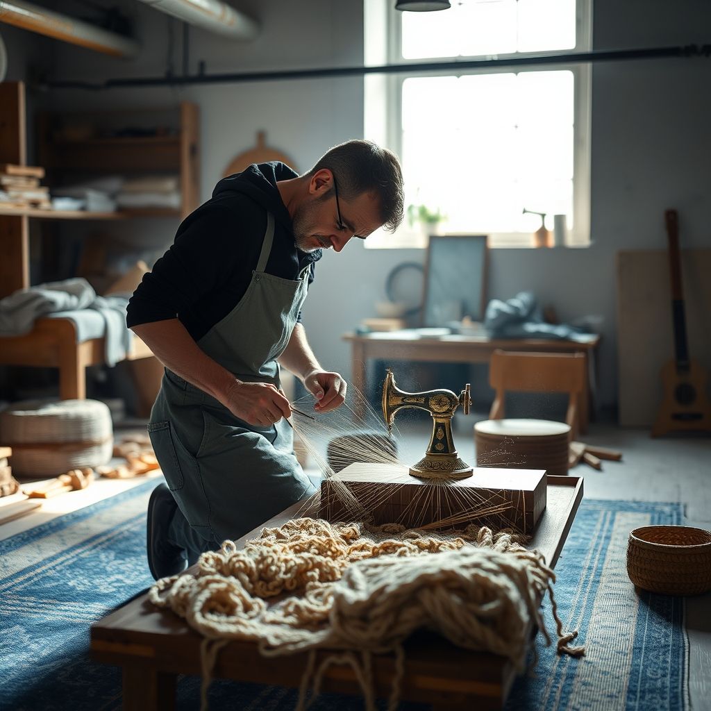 Dans un atelier lumineux, un artisan en tenue sombre travaille sur un tapis de haute qualité, utilisant un outil argenté qui libère de la vapeur pour nettoyer les fibres délicates. L’espace moderne avec comptoir bicolore bleu et beige et une déco minimaliste souligne le soin apporté à chaque pièce. Cette image incarne l’excellence et le raffinement du savoir-faire Zakklogren.
