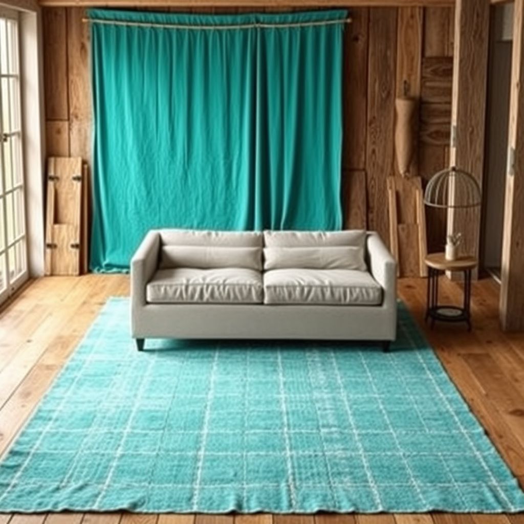 Gros plan sur un tapis turquoise artisanal en cours de fabrication, avec un artisan utilisant un outil en métal brillant. L’arrière-plan montre un canapé gris clair, créant une ambiance chaleureuse et raffinée.