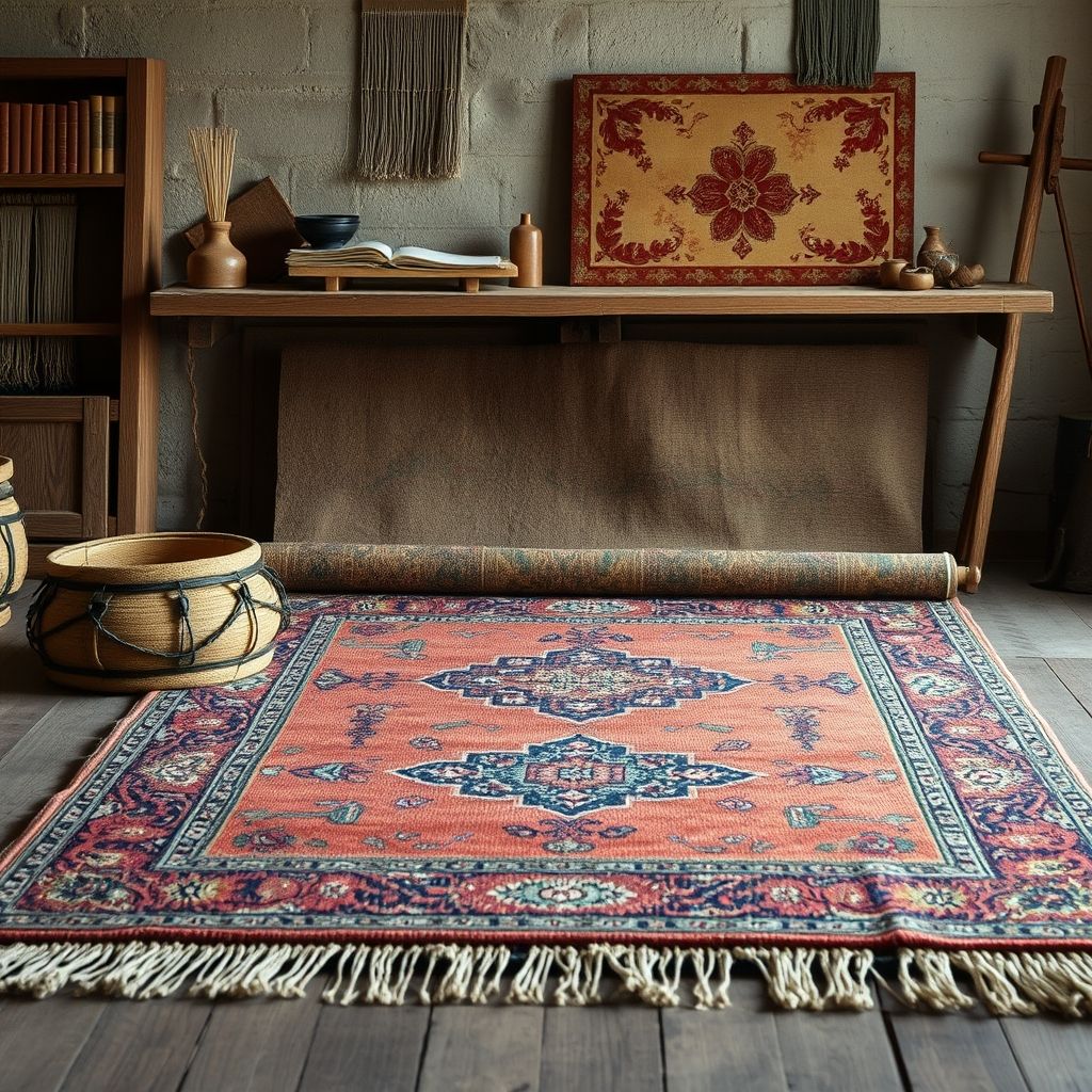 Un tapis artisanal classique posé sur un sol en pierre, avec des motifs riches et des couleurs chaudes. Un artisan travaille à proximité avec un outil traditionnel, appliquant une finition qui sublime les fibres naturelles. L’ambiance évoque l’alliance entre tradition et qualité.