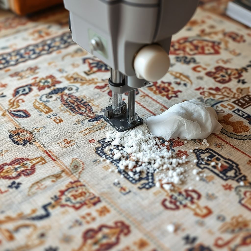 Un tapis ancien richement décoré est nettoyé avec une machine produisant une mousse blanche, démontrant la précision du travail artisanal.