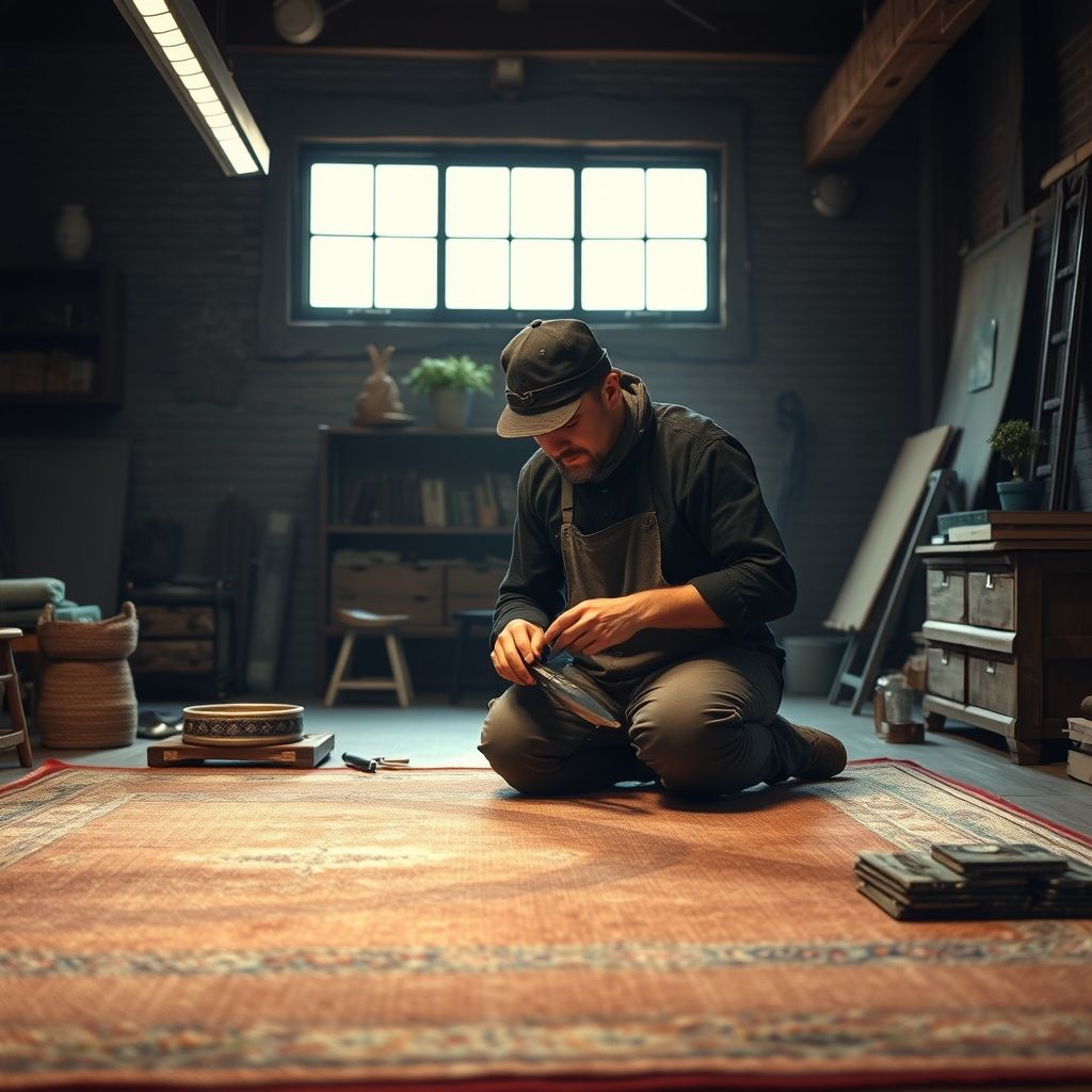 Dans un atelier lumineux, un artisan habillé en tenue sombre travaille avec soin sur un tapis de haute qualité, utilisant des outils traditionnels pour façonner chaque détail. L’ambiance reflète le savoir-faire et la passion, avec un mobilier moderne en arrière-plan et quelques plantes décoratives. La lumière met en valeur la texture riche du tapis, illustrant l’alliance entre tradition et modernité dans la fabrication artisanale. Cette image symbolise l’excellence et l’attention portée à chaque création.