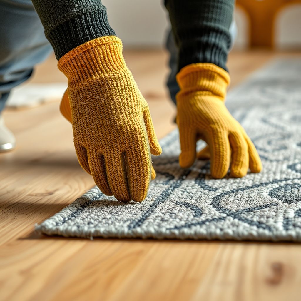 Un artisan en gants bleus façonne un tapis moderne sur un sol en bois clair, appliquant un traitement protecteur. Un aspirateur jaune est visible en arrière-plan, illustrant le soin apporté à chaque étape. La lumière douce met en valeur les textures et les couleurs dynamiques du tapis.