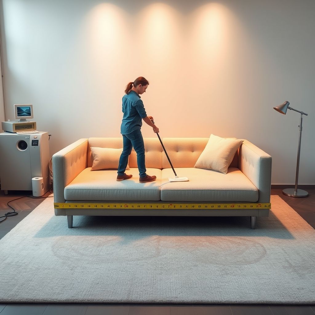 Gros plan sur une machine utilisée pour le tissage sur mesure d’un tapis luxueux, avec des bulles de savon indiquant un nettoyage délicat. Une personne en jean est présente, soulignant l’attention manuelle apportée à chaque pièce. Un canapé clair en arrière-plan ajoute une touche de confort moderne.