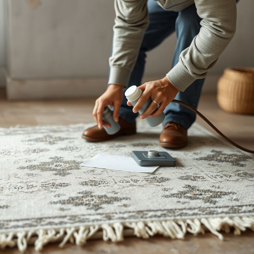 Un tapis artisanal richement décoré posé sur un sol en béton, avec un artisan appliquant une mousse de nettoyage. L’image illustre le soin apporté à chaque création pour préserver beauté et qualité.