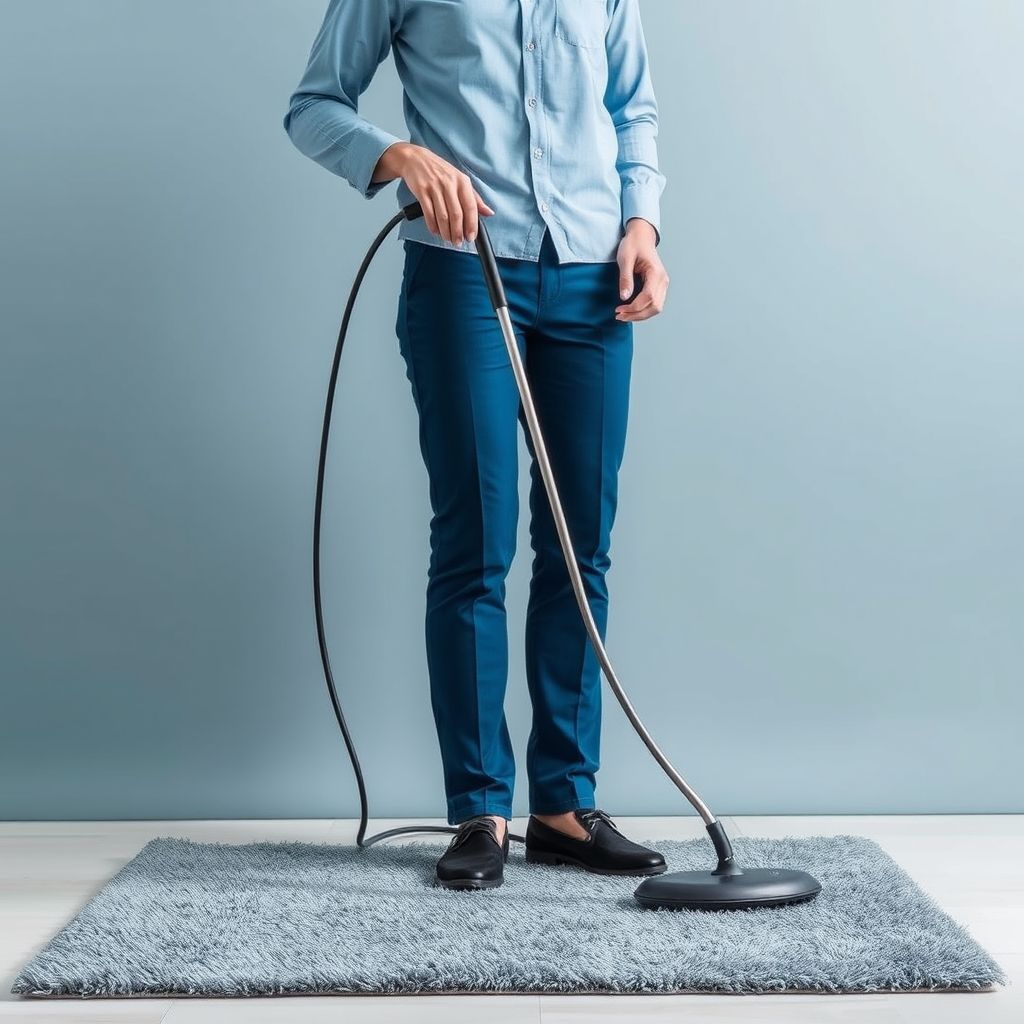 Une personne en tenue bleue nettoie un tapis gris avec un aspirateur, illustrant l’entretien professionnel et le soin apporté aux produits.